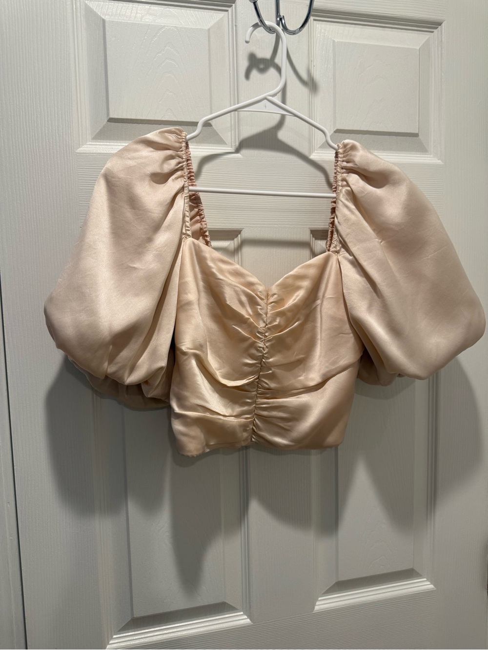 Amanda Uprichard Champagne/blush pinkSatin Puff Sleeve Crop Top